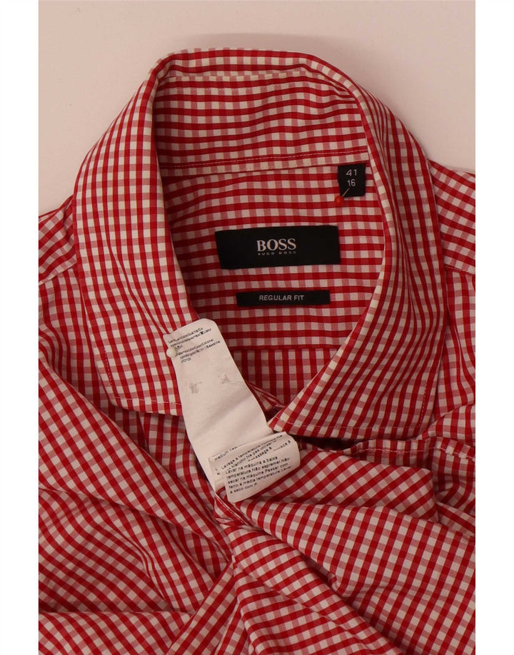 Hugo Boss Herren-Hemd mit normaler Passform, Größe 41 16, große rote Gingham-Baumwolle