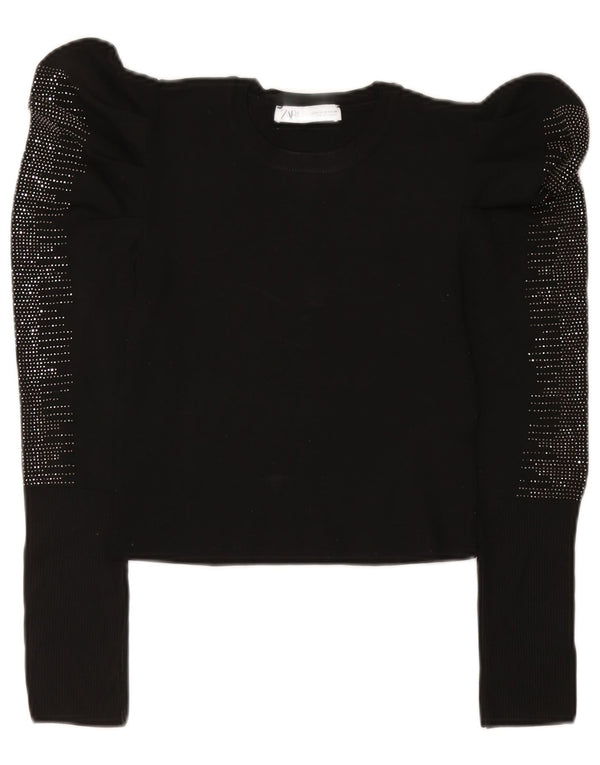 Zara Damen Langarm-Blusenoberteil UK 12 Medium Schwarz