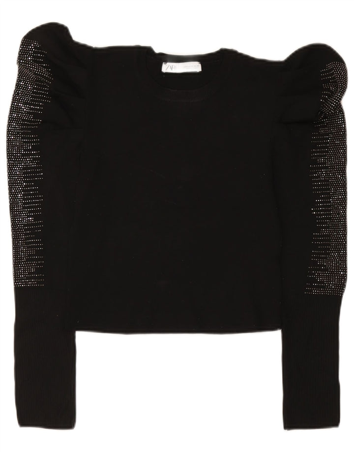 Zara Damen Langarm-Blusenoberteil UK 12 Medium Schwarz
