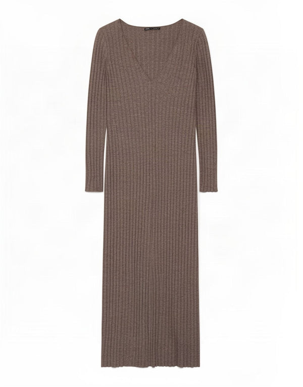 Zara Damen Langarm-Maxikleid UK 12 Mittelgraue Viskose