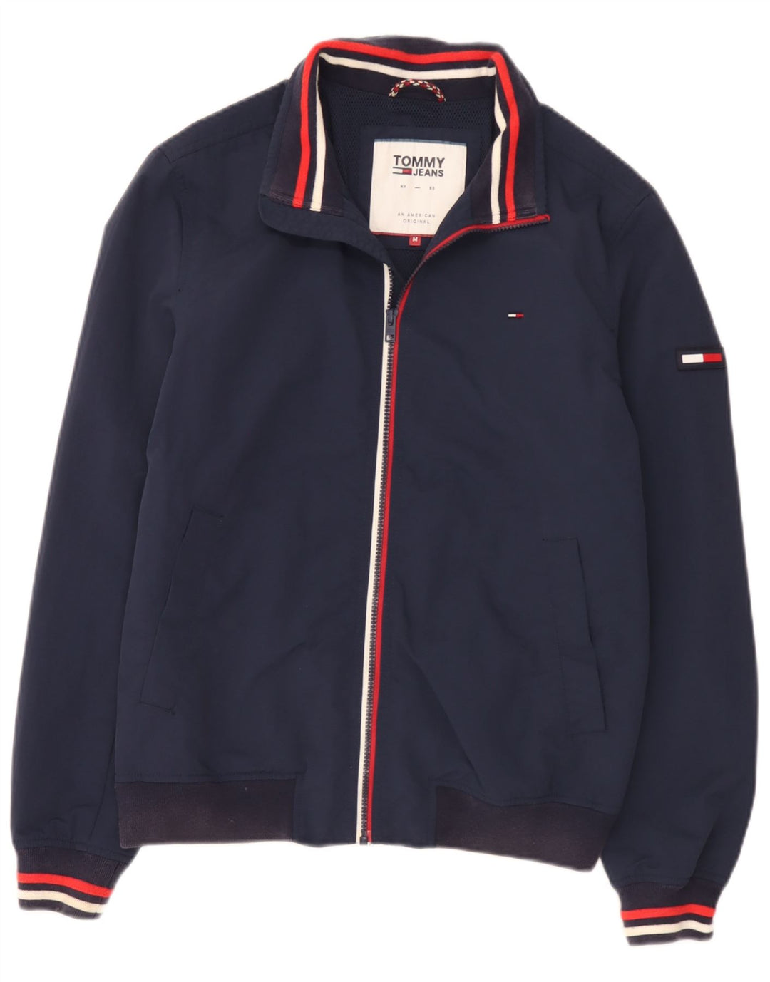 Tommy Hilfiger Herren Bomberjacke UK 38 Medium Navy Blue Gestreiftes Polyamid