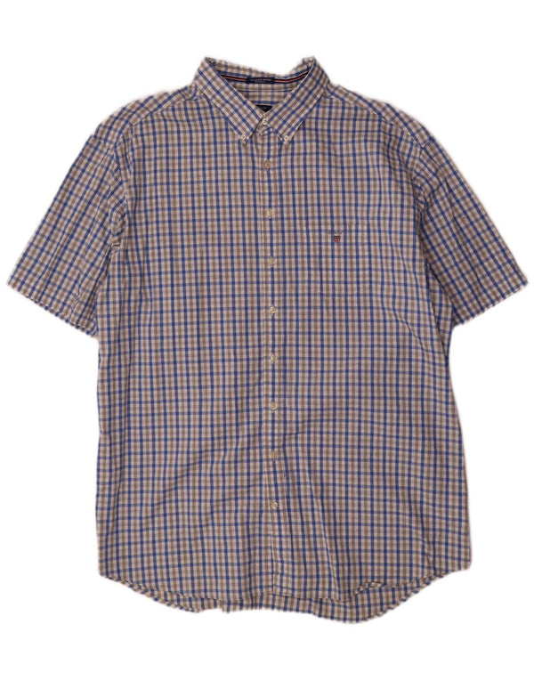 Gant Herren-Hemd, kurzärmelig, normale Passform, Größe 47/48, 19 3XL, blaues Gingham-Muster