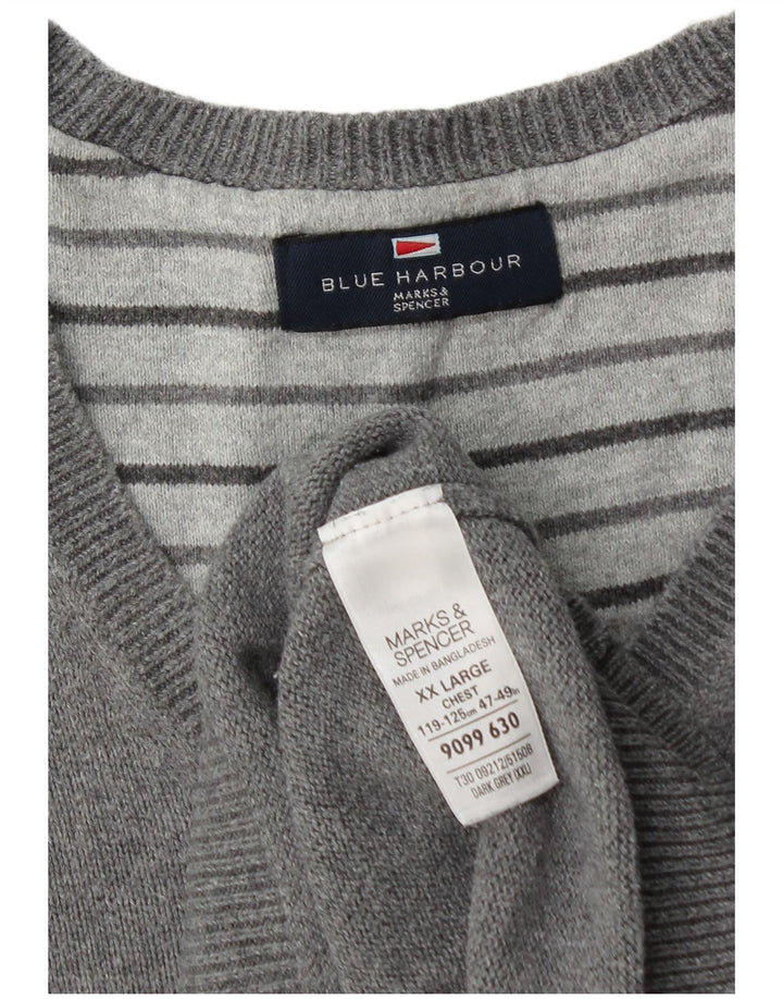 Marks & Spencer Herren Blue Harbor V-Ausschnitt Pullover Pullover 2XL Grau Baumwolle