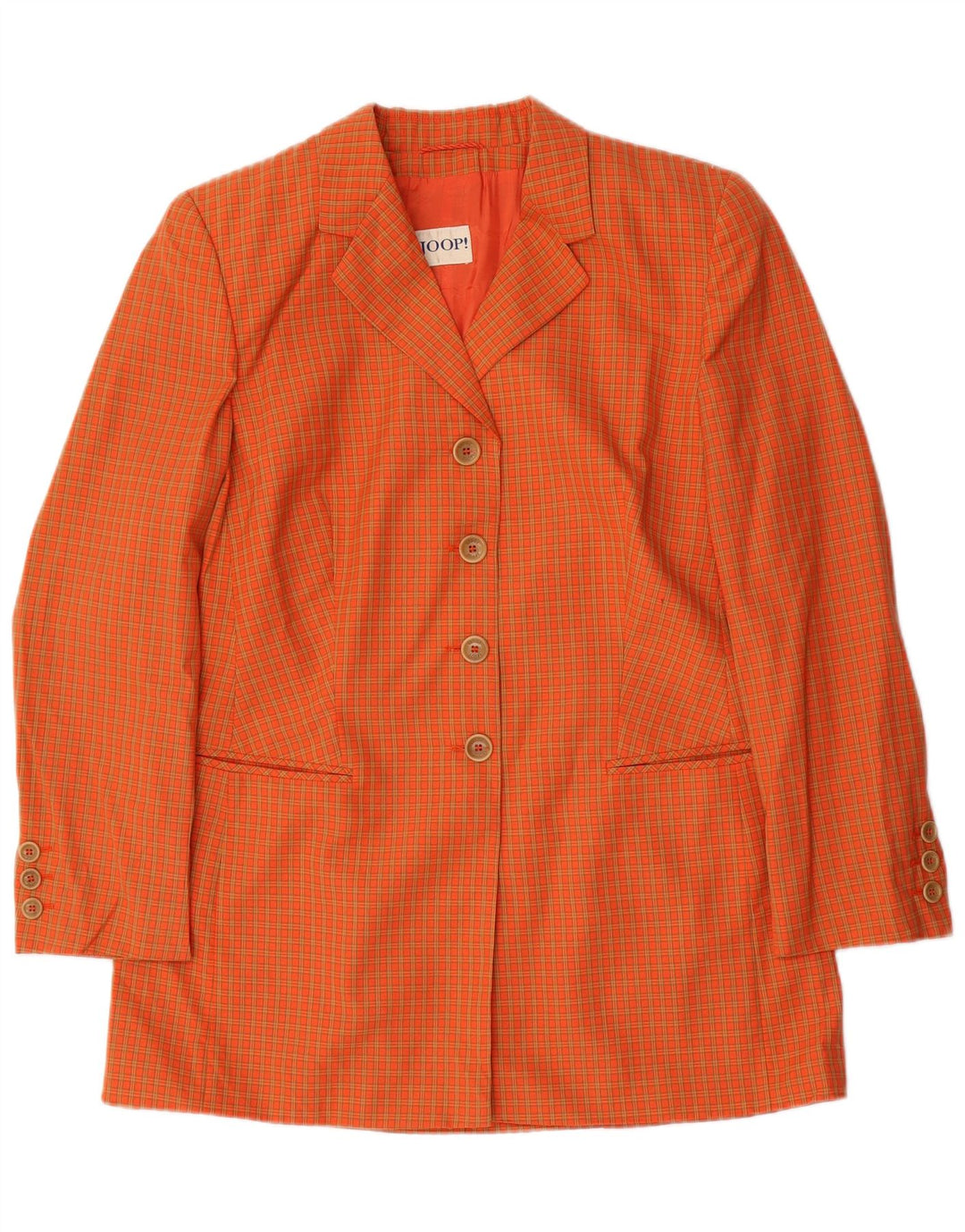 JOOP Damen Longline 4-Knopf-Blazerjacke EU 42 Große orange karierte Wolle