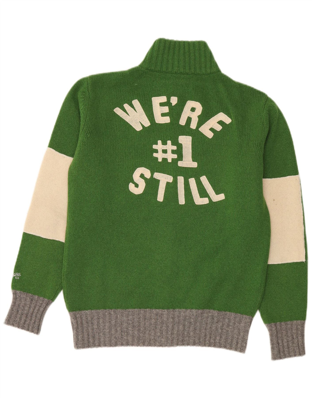 VINTAGE Grafischer Herren-Cardigan-Pullover aus mittelgrüner Colourblock-Wolle