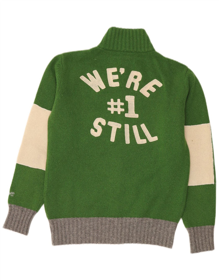VINTAGE Grafischer Herren-Cardigan-Pullover aus mittelgrüner Colourblock-Wolle