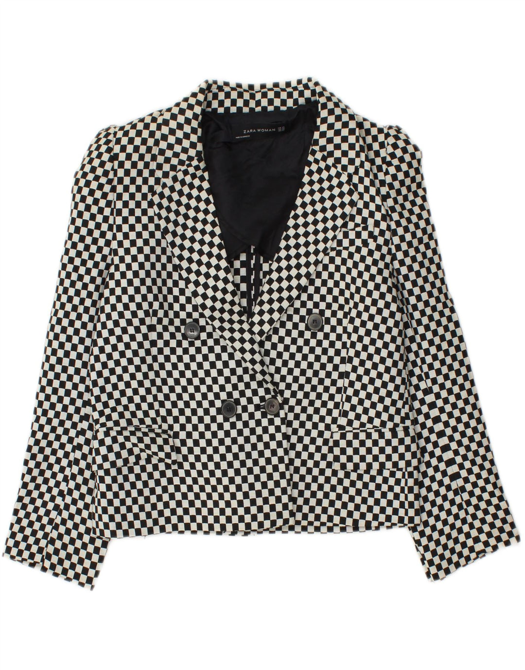 Zara Damen Crop Double Breasted Blazer Jacke UK 6 XS Schwarz Geometrisch
