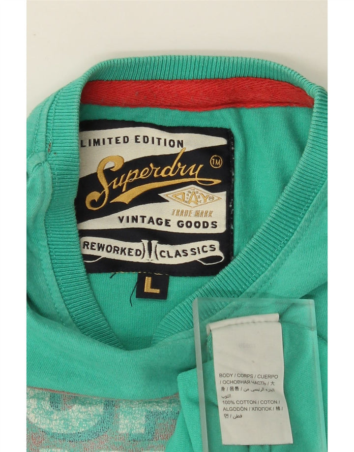 SUPERDRY Herren-T-Shirt mit Grafik, Größe L, türkisfarbene Baumwolle