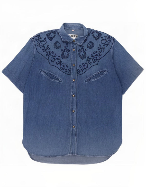 Moschino Damen Kurzarm-Jeanshemd UK 14 Mittelblaues Paisleymuster