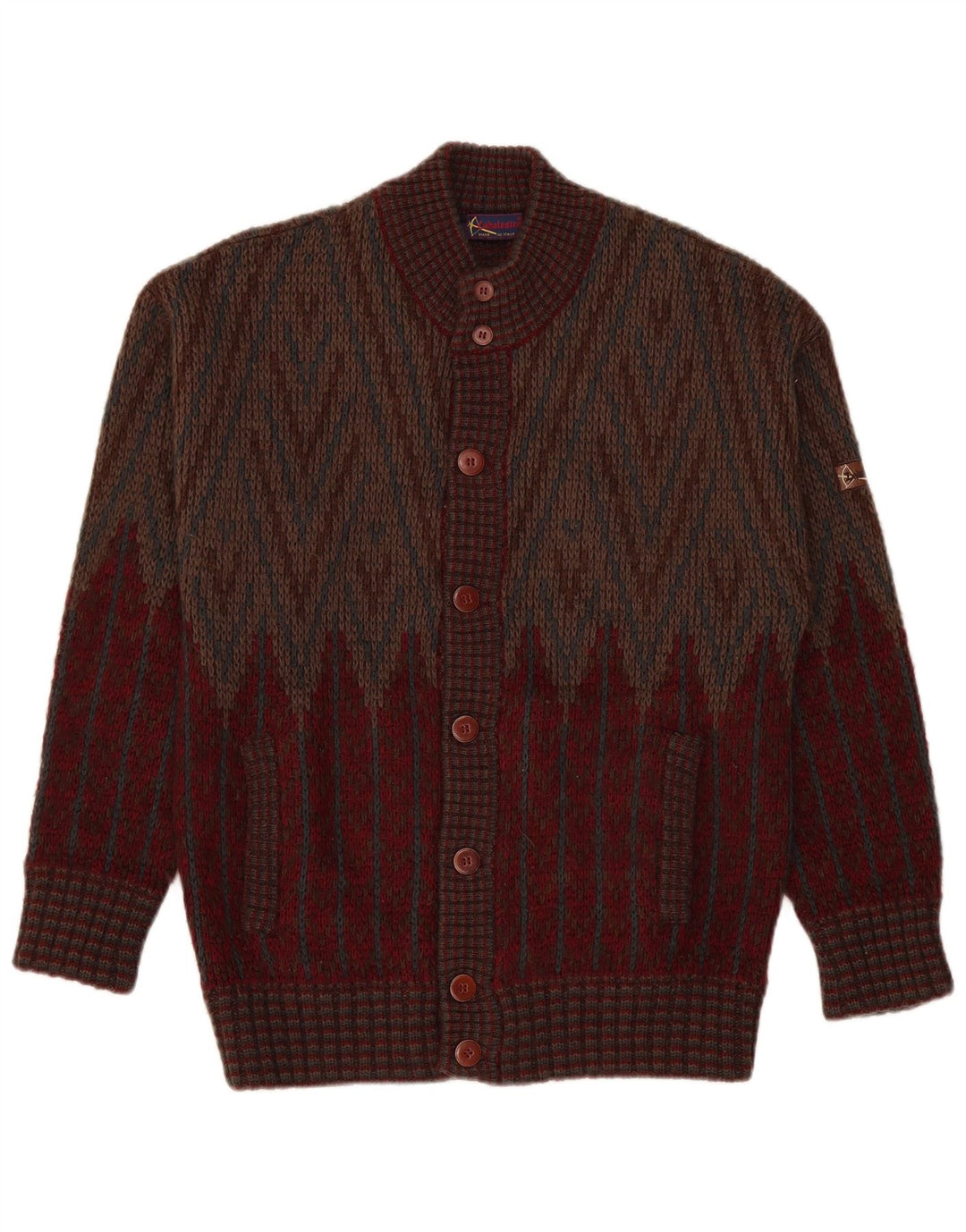Vintage Herren Cardigan Pullover Medium Burgund Geometrisch