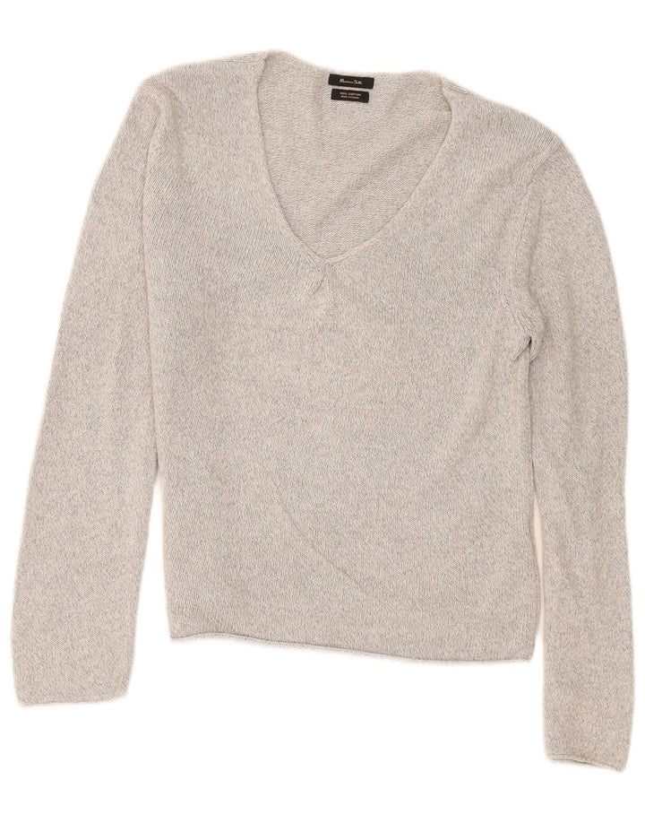 Massimo Dutti Damen-Pullover mit V-Ausschnitt, UK 14, mittelgrau gefleckte Baumwolle