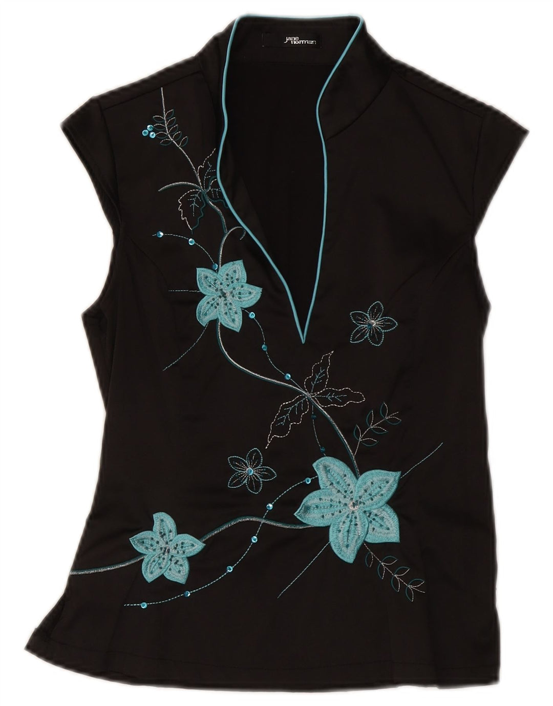 Jane Norman Damen-Blusenoberteil UK 12 Mittelschwarzes, geblümtes Polyester