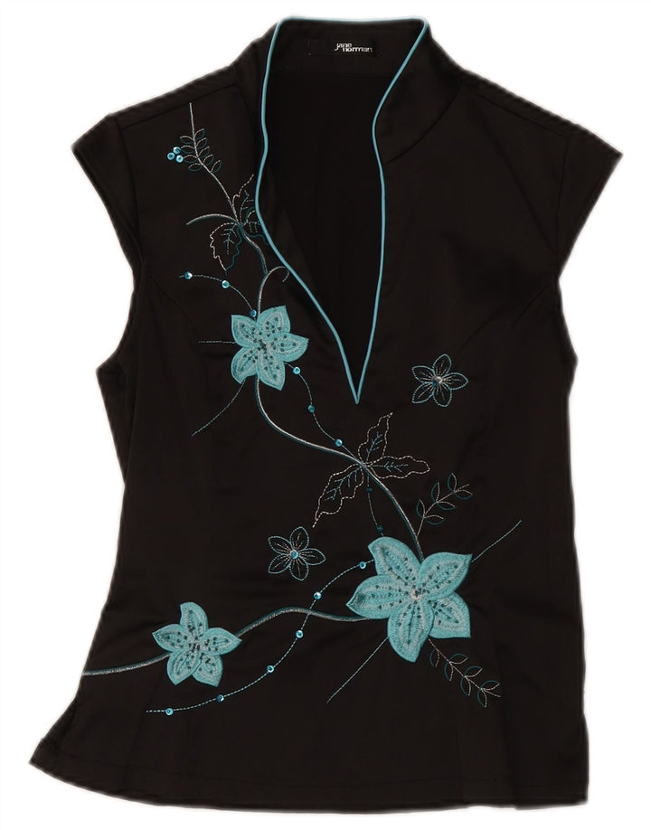 Jane Norman Damen-Blusenoberteil UK 12 Mittelschwarzes, geblümtes Polyester
