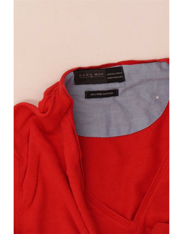 Zara Herren-Pullover mit V-Ausschnitt, groß, rote Baumwolle