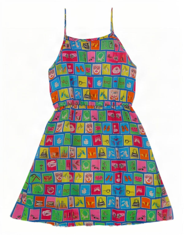 Vintage Damen Grafisches Sonnenkleid UK 14 Große bunte Patchwork-Baumwolle