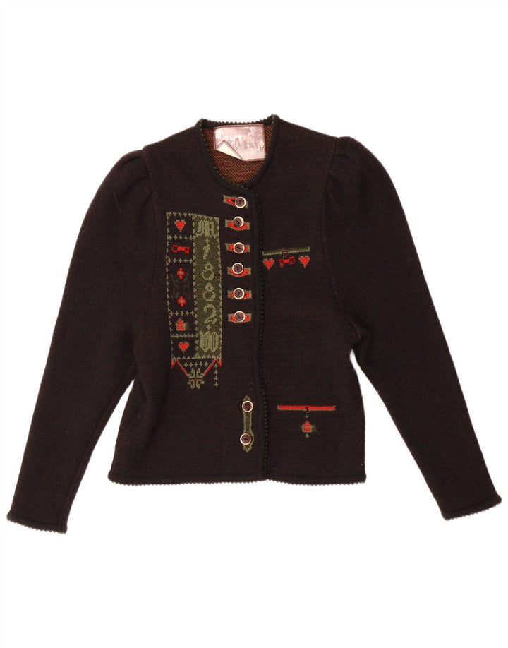 Vintage Damen Grafischer Cardigan Pullover IT 44 Mittelbraune geometrische Wolle