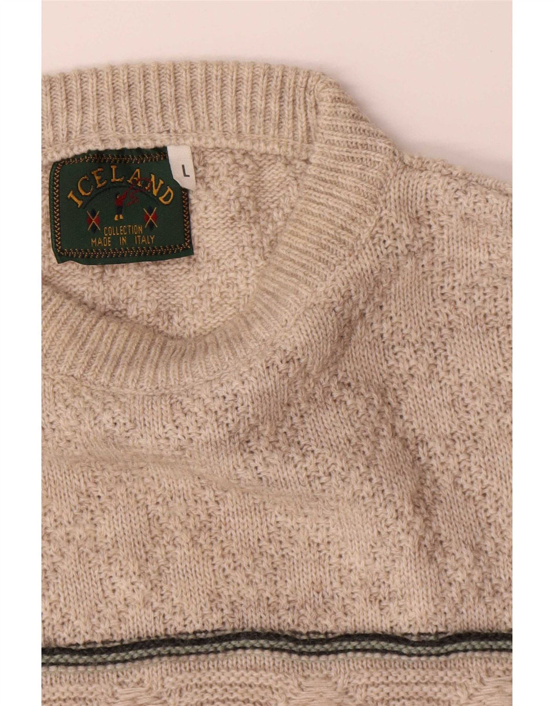 Island Herren-Pullover mit Rundhalsausschnitt, große beige gestreifte Wolle