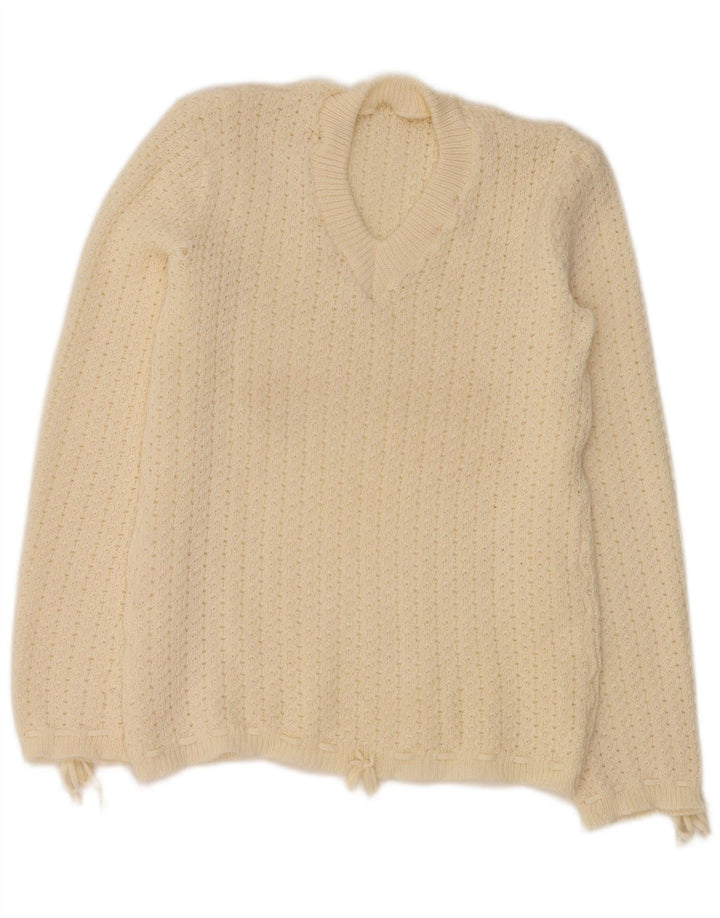VINTAGE Damen Pullover mit V-Ausschnitt UK 12 Medium Off White
