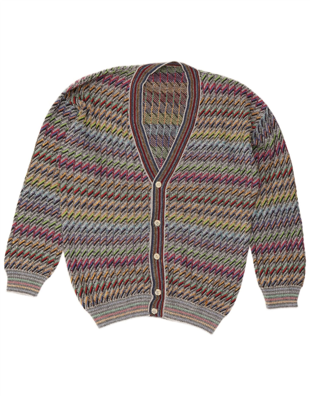 Vintage Herren Cardigan Pullover IT 50 Medium Mehrfarbig Chevron Baumwolle