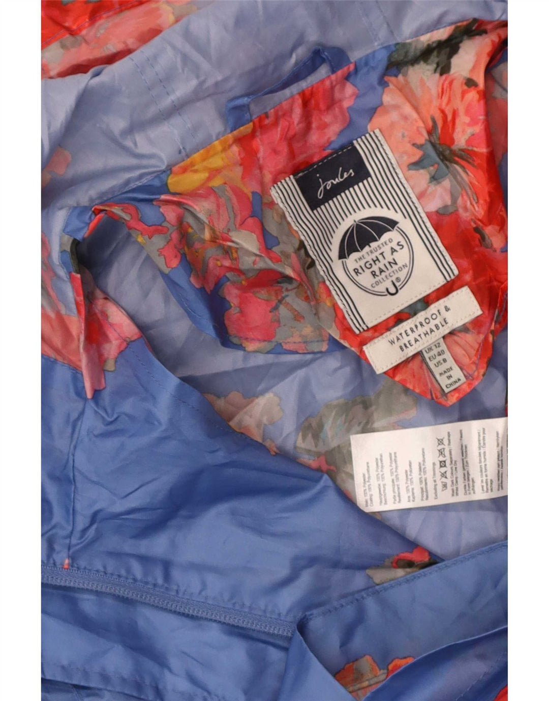 Joules Damen-Regenmantel mit Kapuze, UK 12, mittelblau, geblümt, Polyester