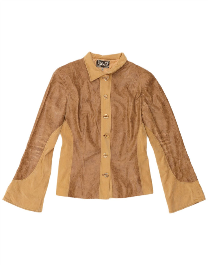 Leopard Damen Lederjacke IT 46 Großes Braunes Blumenmuster