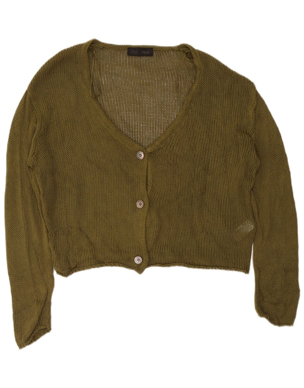 Zara Damen Crop Cardigan Pullover UK 16 Large Khaki Baumwolle