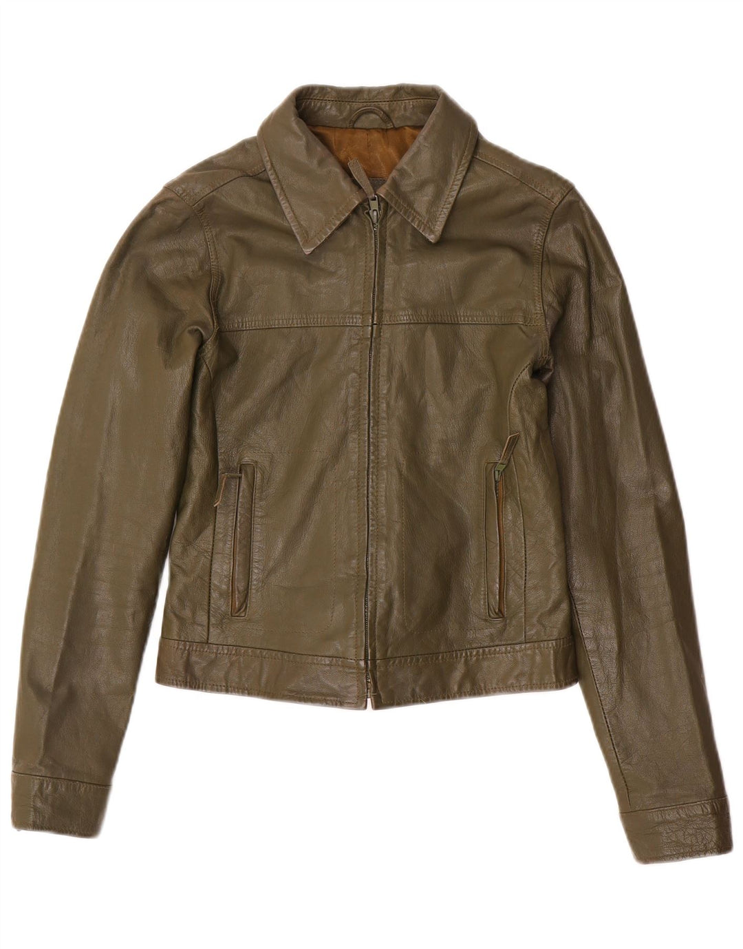 Zara Damen Trafaluc Crop Lederjacke UK 12 Medium Khaki Leder