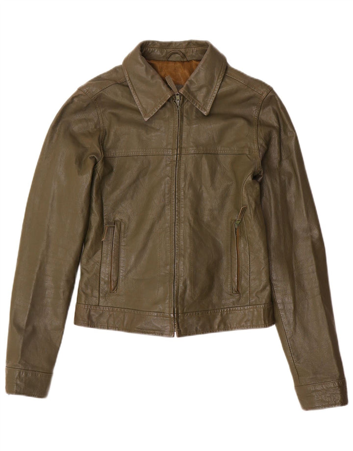 Zara Damen Trafaluc Crop Lederjacke UK 12 Medium Khaki Leder