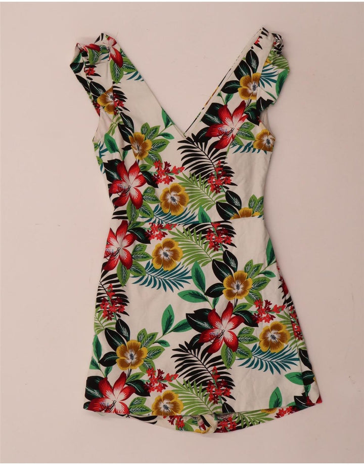 Zara Damen Trafaluc Playsuit UK 12 Mittelweiße geblümte Baumwolle