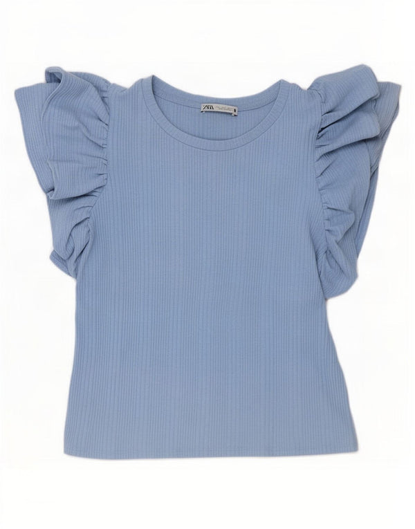 Zara Womens Crop T-Shirt Top UK 14 Large Blue