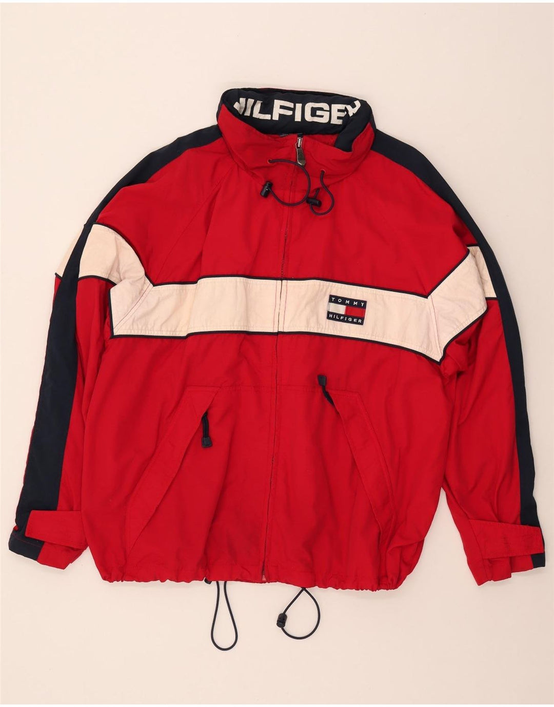 Tommy Hilfiger Herren-Regenjacke mit Kapuze, UK 40, großes rotes Colourblock-Nylon