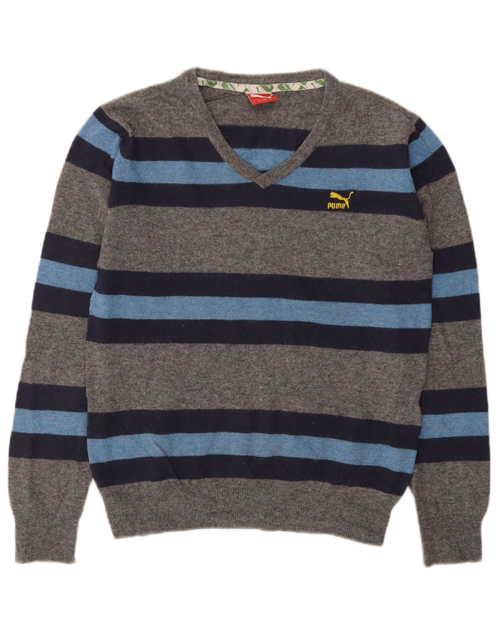 Puma Herren-Pullover mit V-Ausschnitt, klein, graue Farbblock-Lammwolle