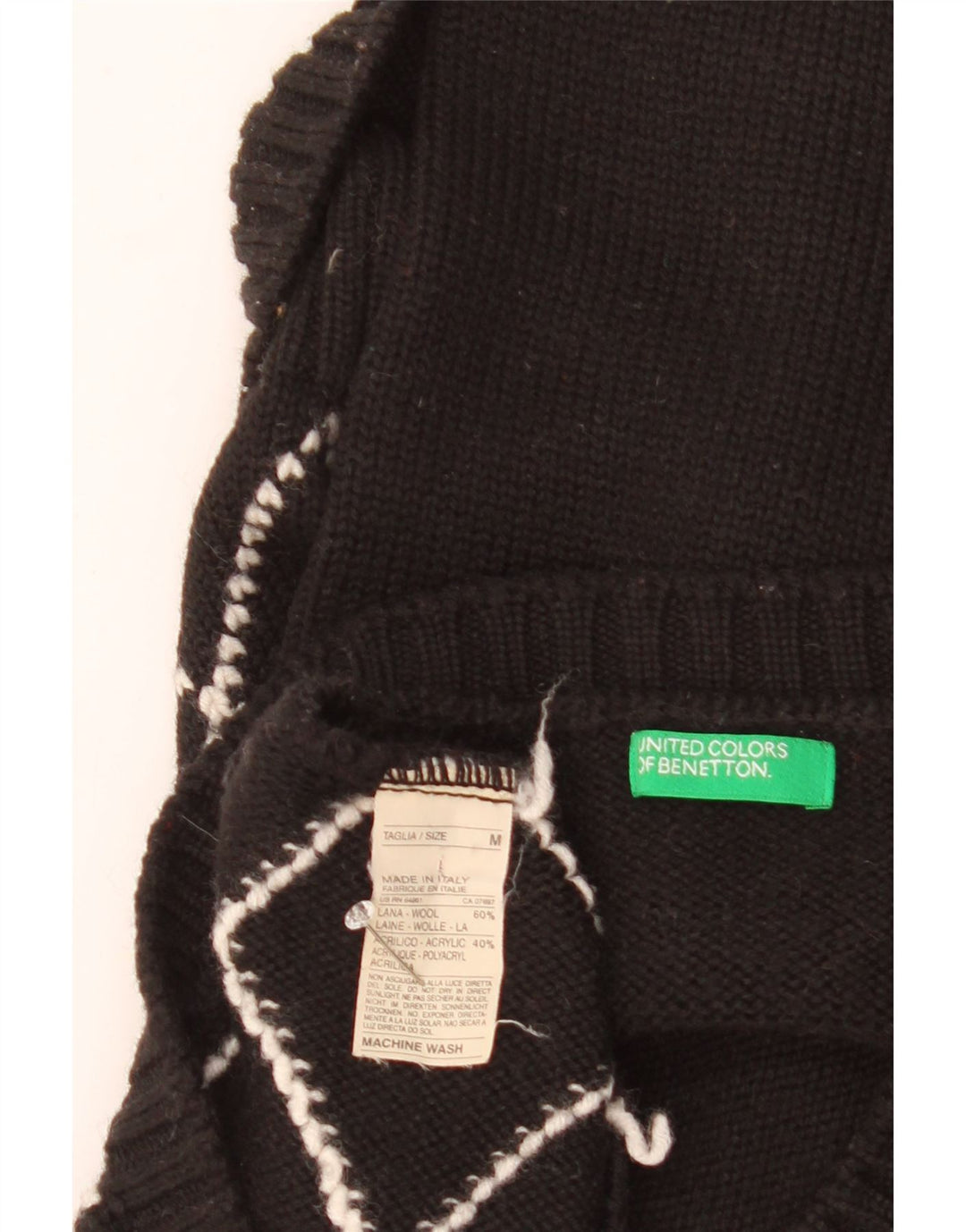 Benetton Damen-Pullover mit V-Ausschnitt, Gr. 12, mittelschwarz, Argyle/Diamant