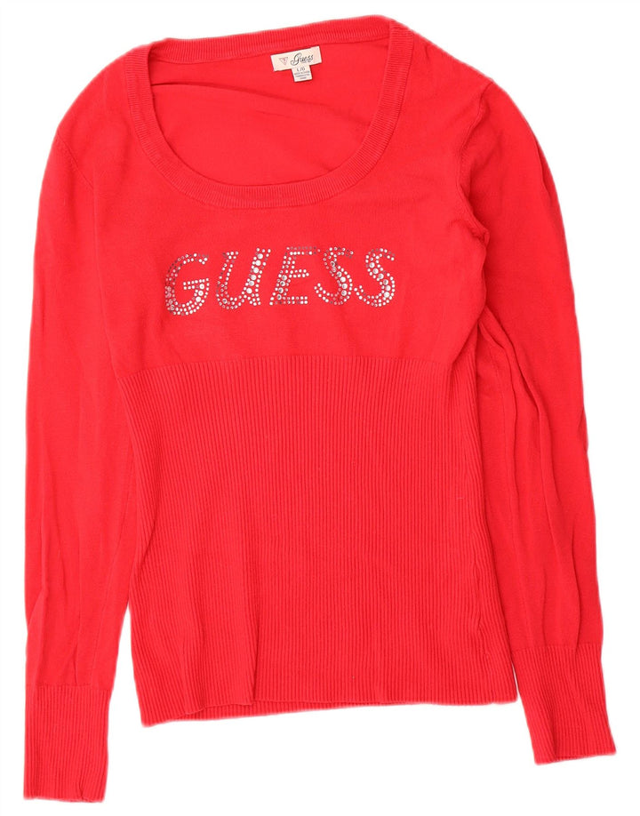 Guess Damen-Pullover mit grafischem U-Boot-Ausschnitt, UK 12, Mittelrot, Viskose