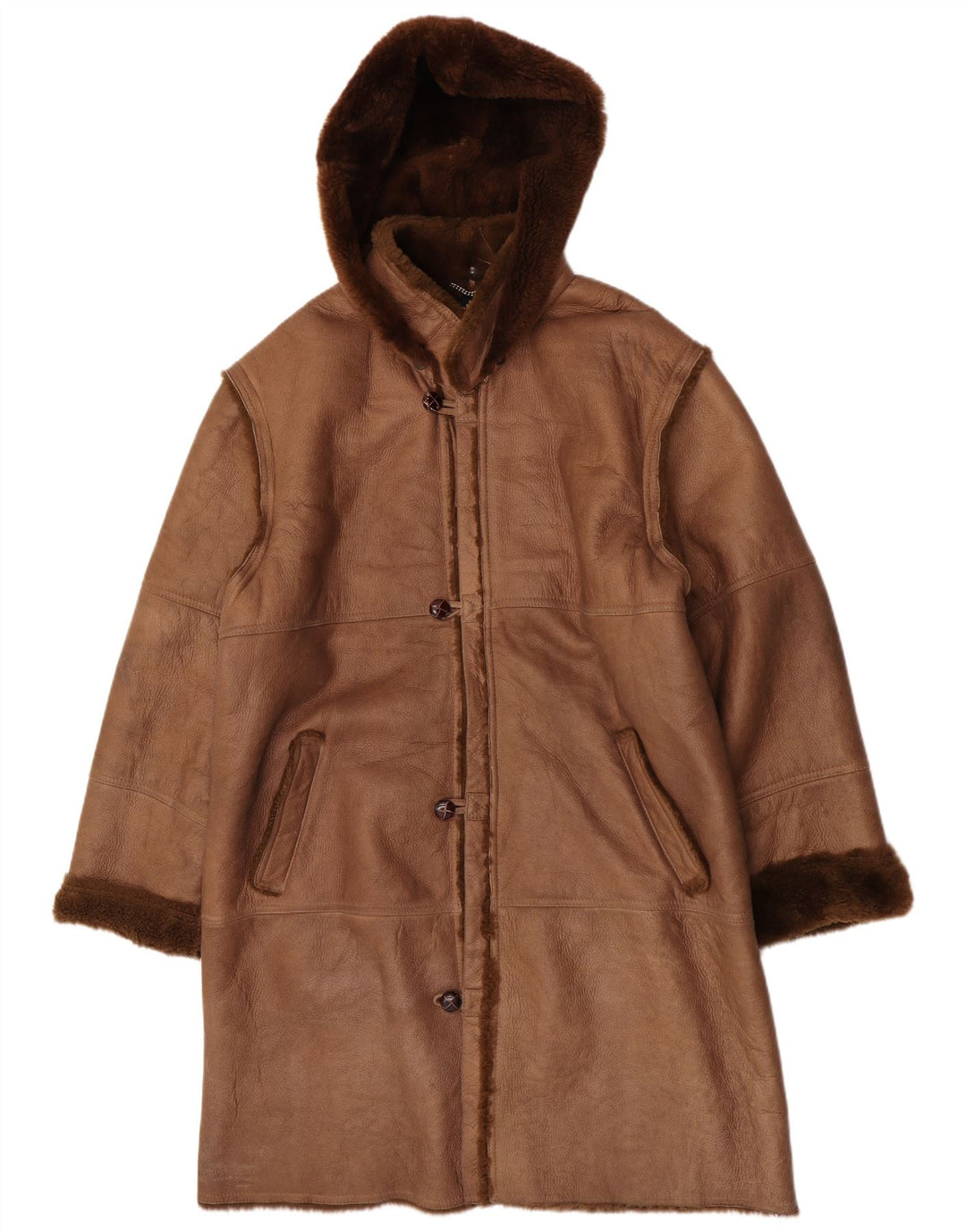 Coveri Herren-Mantel aus Lammfell mit Kapuze, EU 54, 2XL, braunes Leder