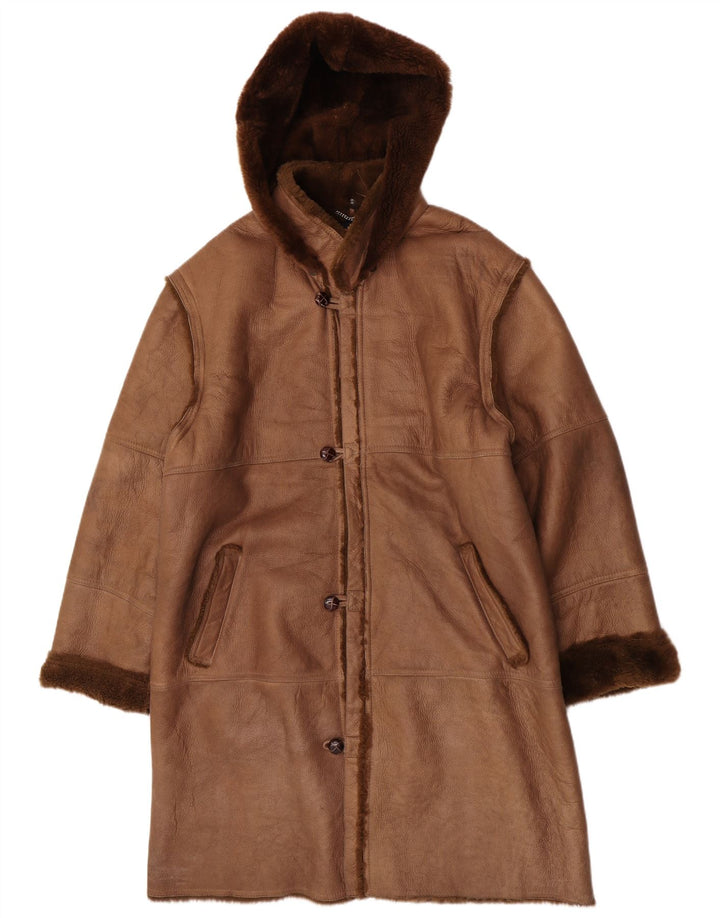 Coveri Herren-Mantel aus Lammfell mit Kapuze, EU 54, 2XL, braunes Leder