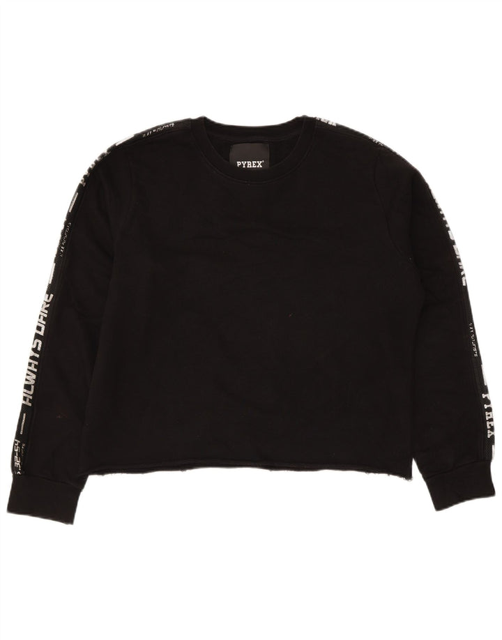 PYREX Damen Crop Graphic Sweatshirt Pullover UK 16 Large Schwarze Baumwolle