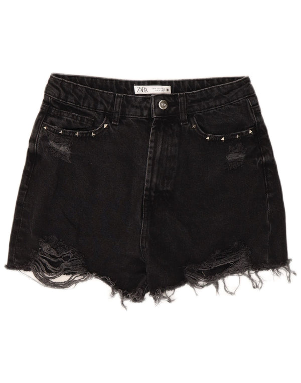 ZARA Damen Distressed Denim Shorts EU 38 Small W28 Schwarz