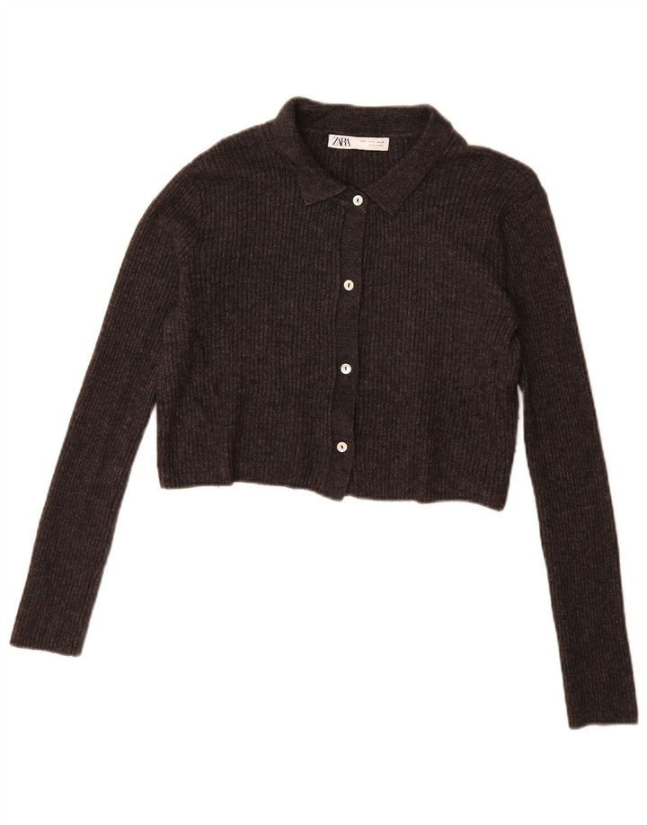 Zara Damen Crop Cardigan Pullover UK 10 Small Graues Nylon