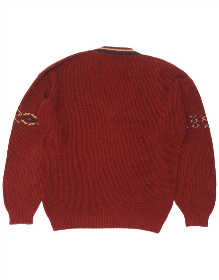Vintage Herren V-Ausschnitt Pullover Pullover Größe 50 Medium Maroon Geometrische Baumwolle