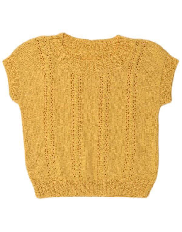 Vintage Damen Kurzärmeliger Pullover mit U-Boot-Ausschnitt UK 14 Mittelgelb