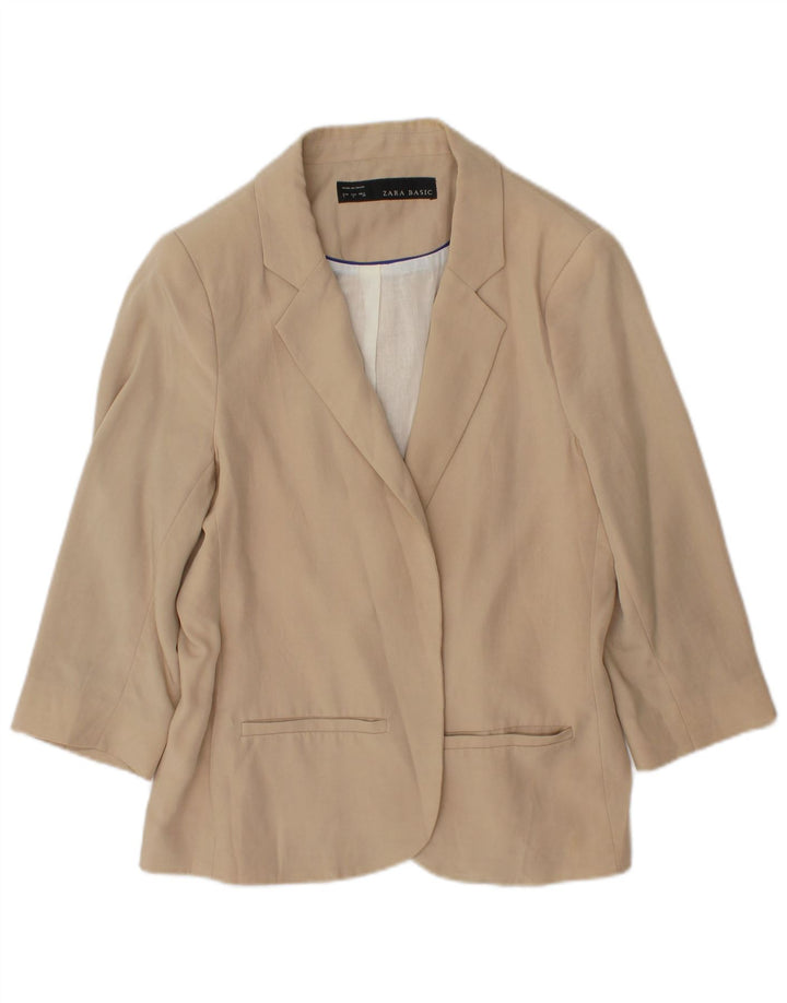Zara Damen-Blazer mit 3/4-Ärmeln, offenem Schnitt, UK-Gr. 14, Größe L, Beige, Baumwolle