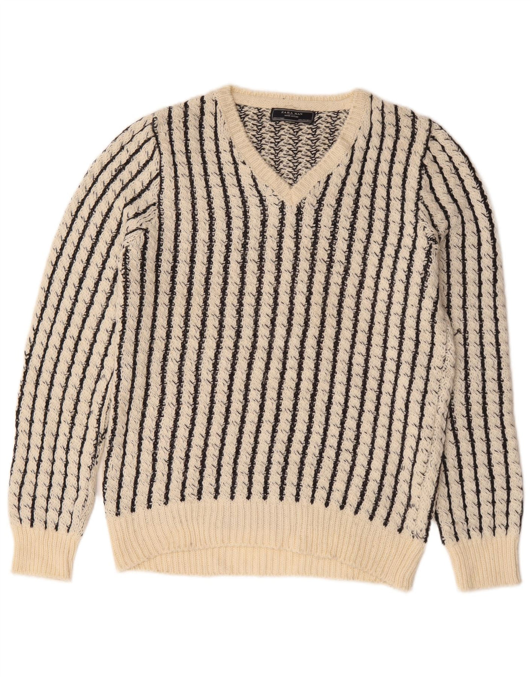 Zara Herren-Pullover mit V-Ausschnitt, groß, weiß gestreift, Acryl