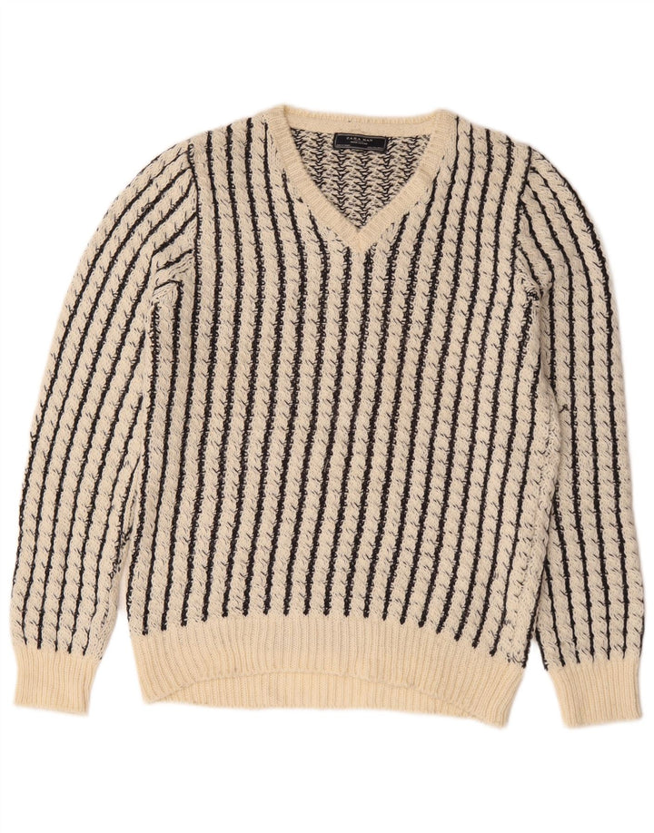 Zara Herren-Pullover mit V-Ausschnitt, groß, weiß gestreift, Acryl