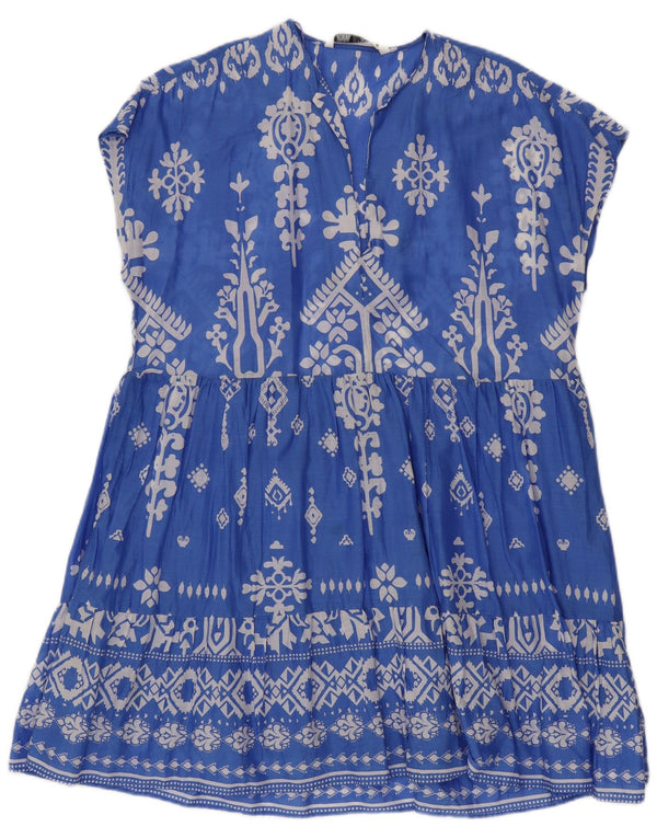 ZARA Womens Oversized A-Line Dress UK 14 Medium Blue Fair Isle Cotton