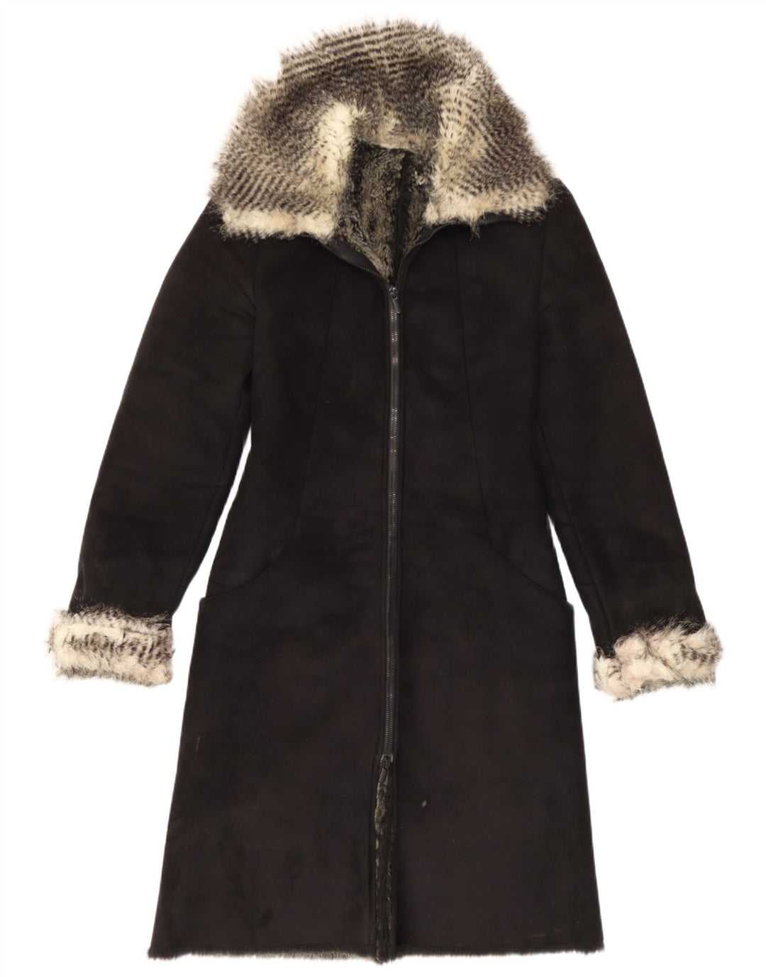 Vintage Damen Sherpa Overcoat IT 40 Small Schwarz