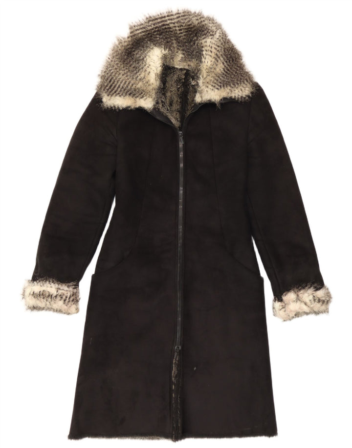 Vintage Damen Sherpa Overcoat IT 40 Small Schwarz