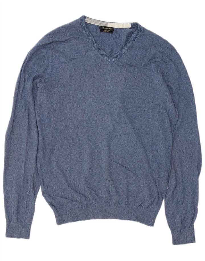 Massimo Dutti Herren-Pullover mit V-Ausschnitt aus mittelblauer Baumwolle