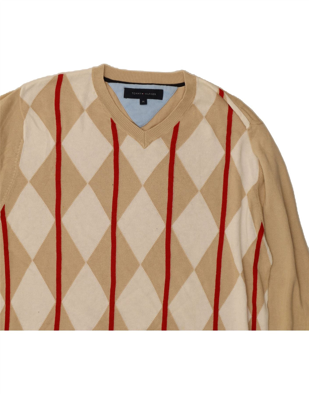 TOMMY HILFIGER Mens V-Neck Jumper Sweater Medium Beige Argyle/Diamond Vintage Tommy Hilfiger and Second-Hand Tommy Hilfiger from Messina Hembry 