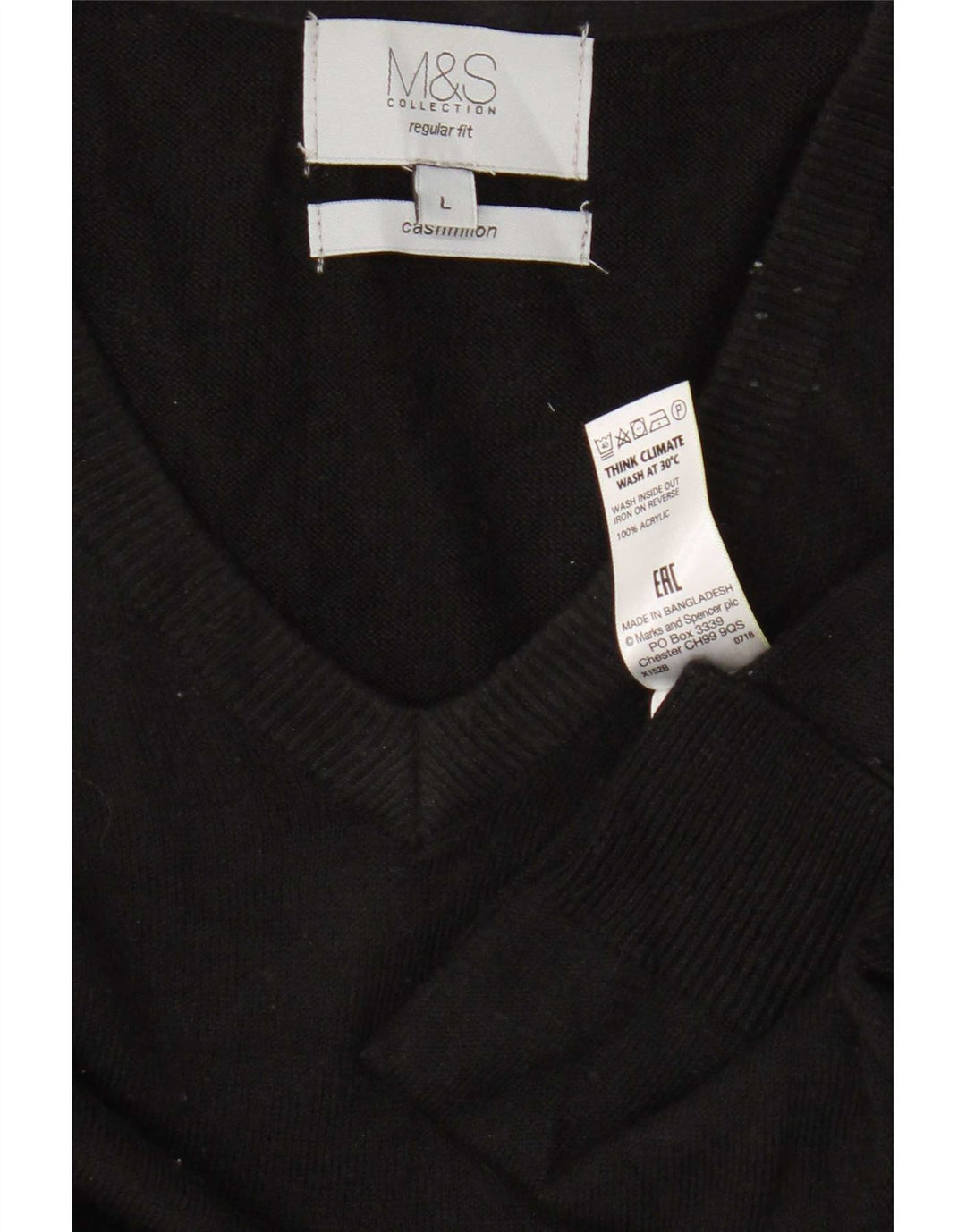 Marks & Spencer Herren-Pullover mit normaler Passform und V-Ausschnitt, Größe L, aus schwarzem Acryl